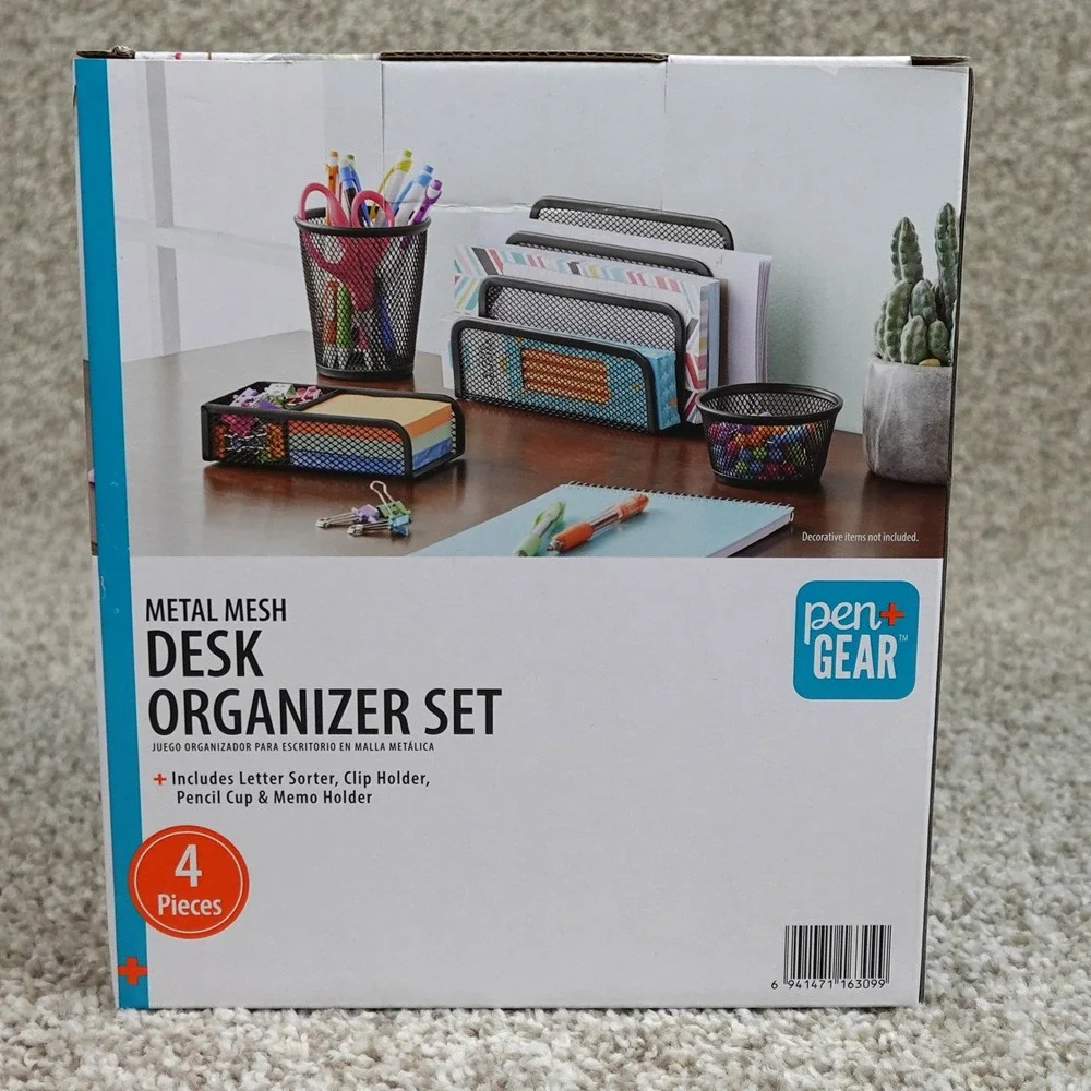 Pen+Gear Metal Mesh Desk Organizer Set 4 Pieces Black Letter Sorter Pencil Cup